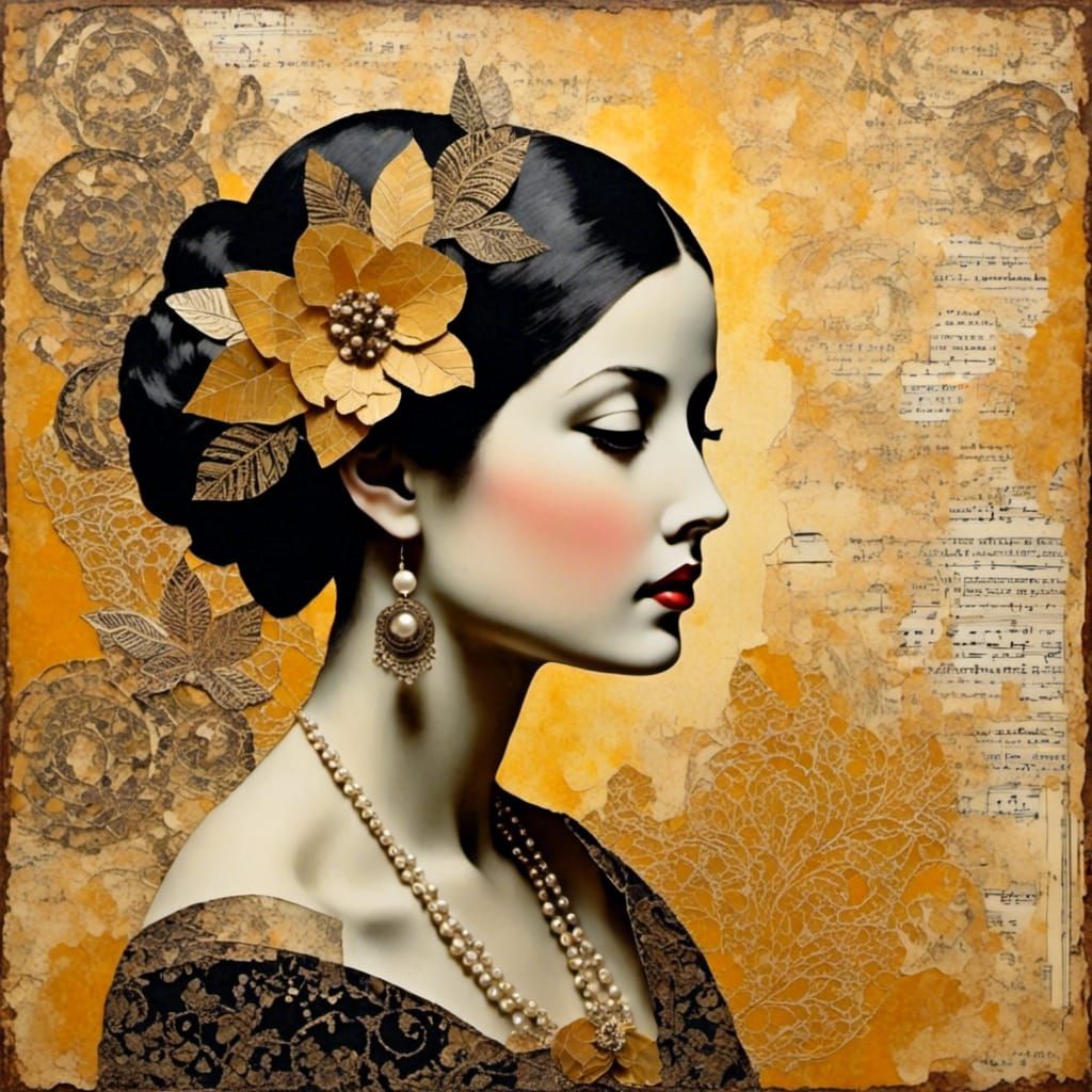 Elegant Mixed Media Collage Portrait with Batik Patchwork