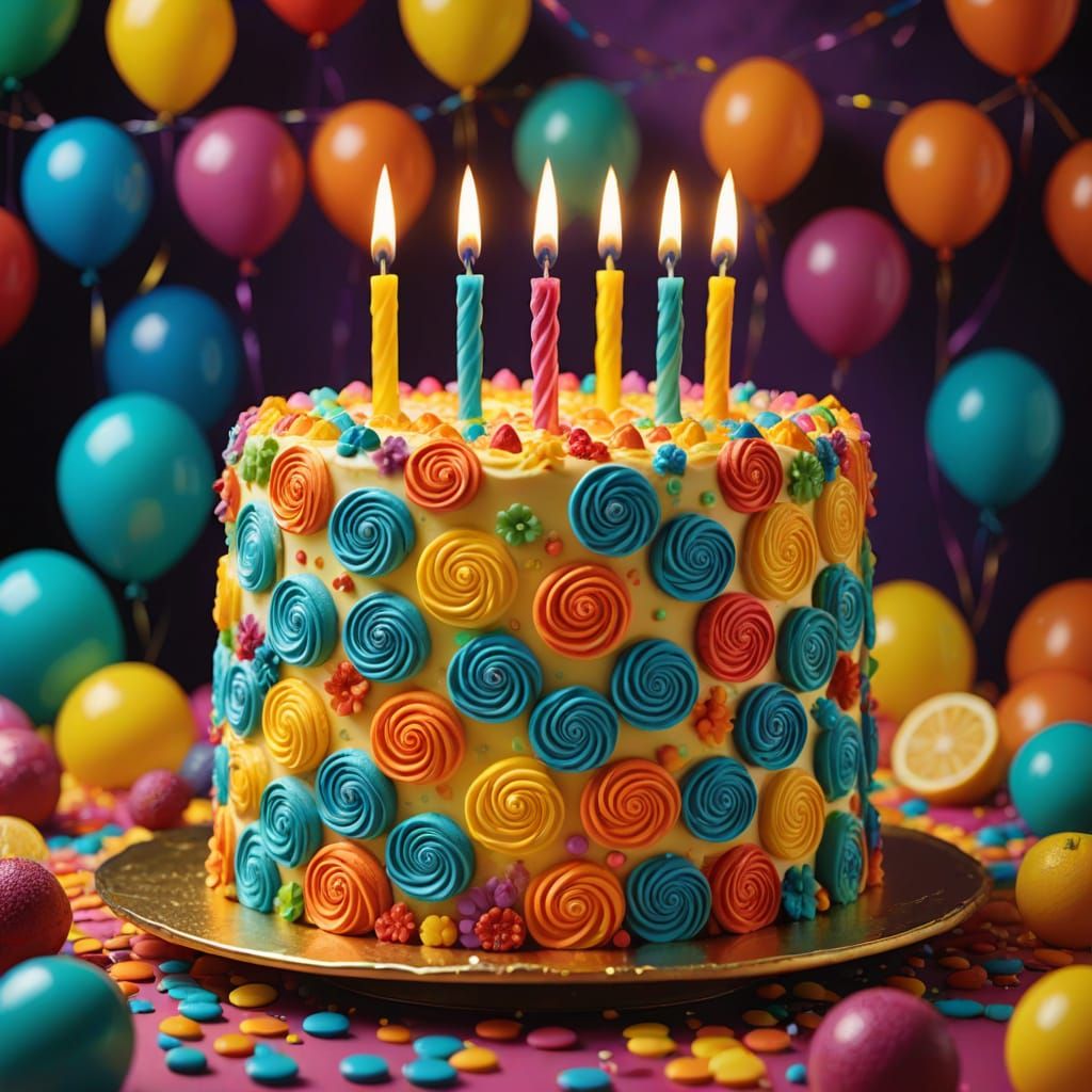Whimsical 8th Birthday Cake in Vibrant Digital Art Style