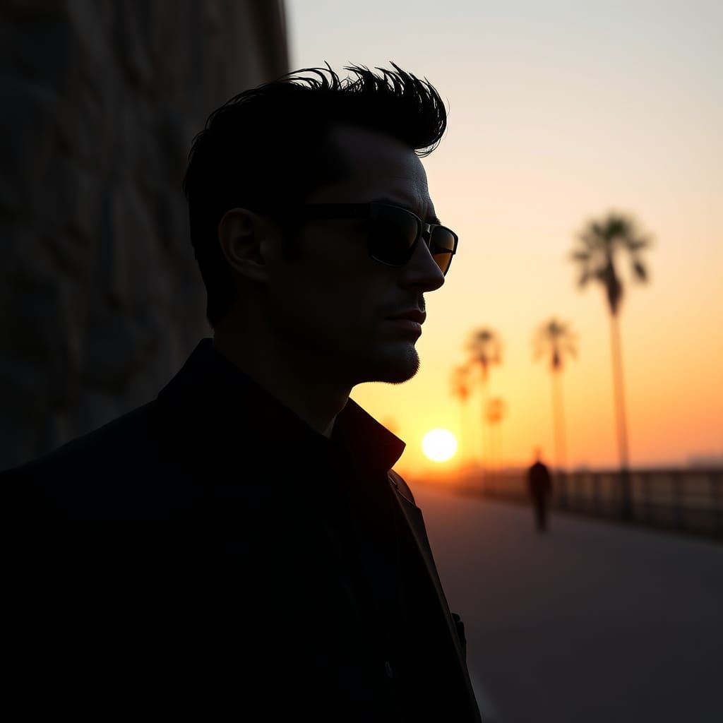 Men in Black Silhouettes Against Sunset Skyline