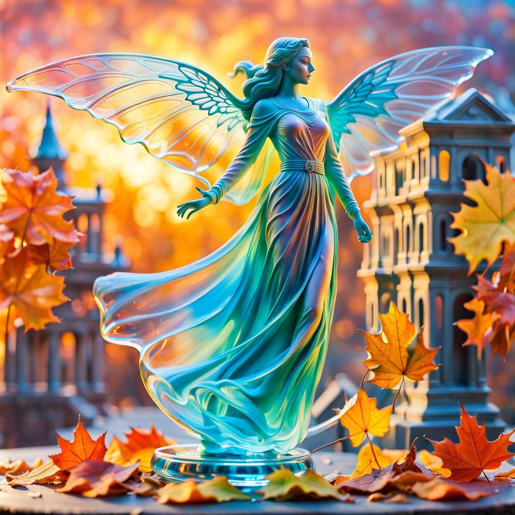 Glass Figurine of Autumn Angel Over City