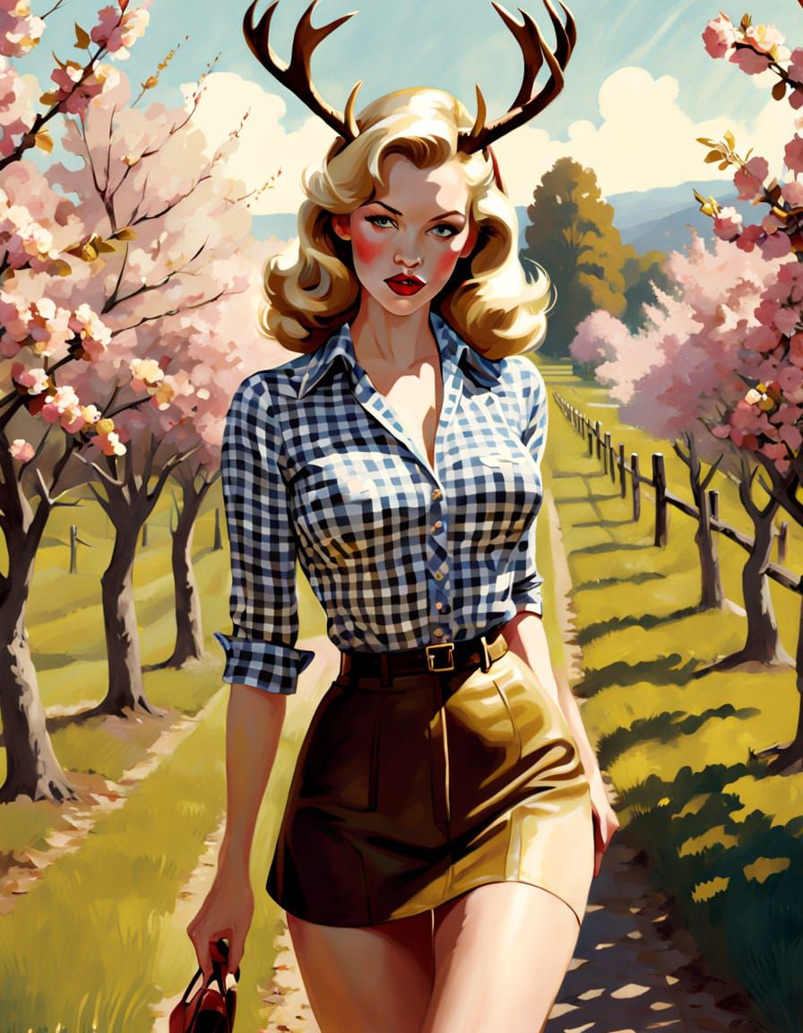 Retro Pin-Up Goddess in Gingham and Antlers