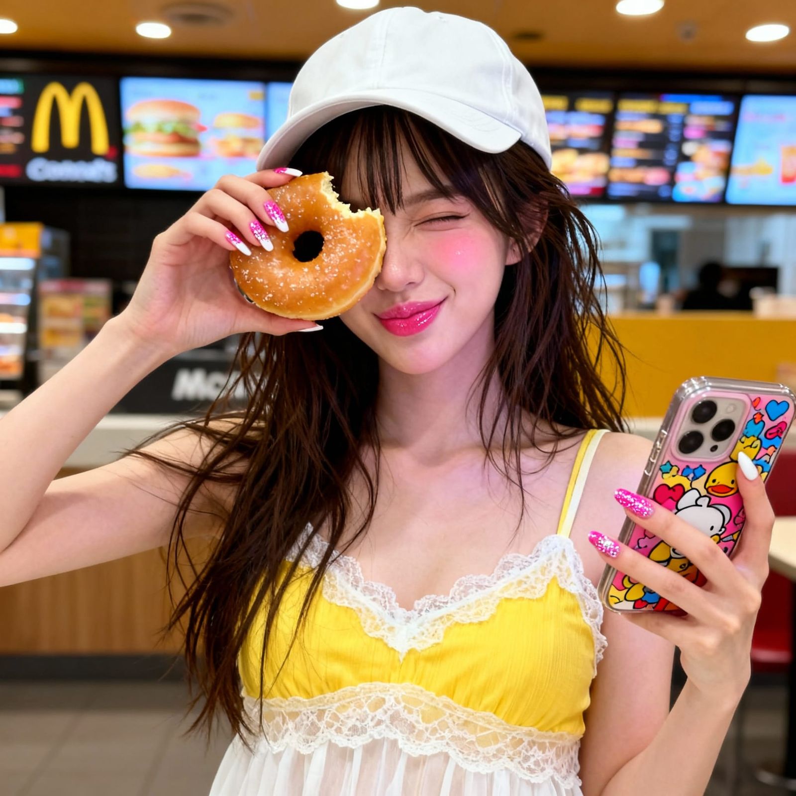 Cute Asian Woman With Donut in McDonald's McCafé