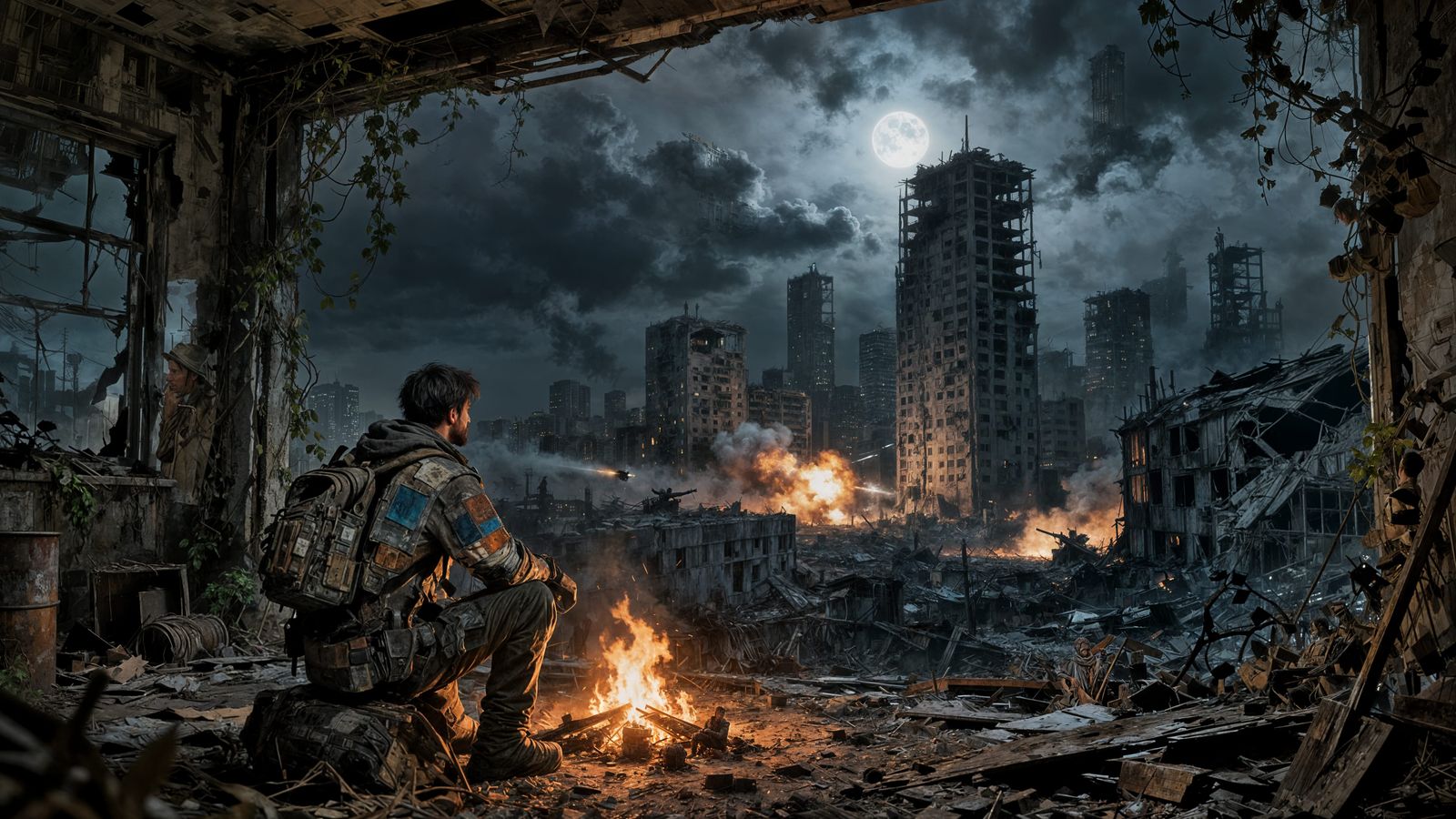 Post-Apocalyptic Survivor by Campfire in Ruined City Digital...