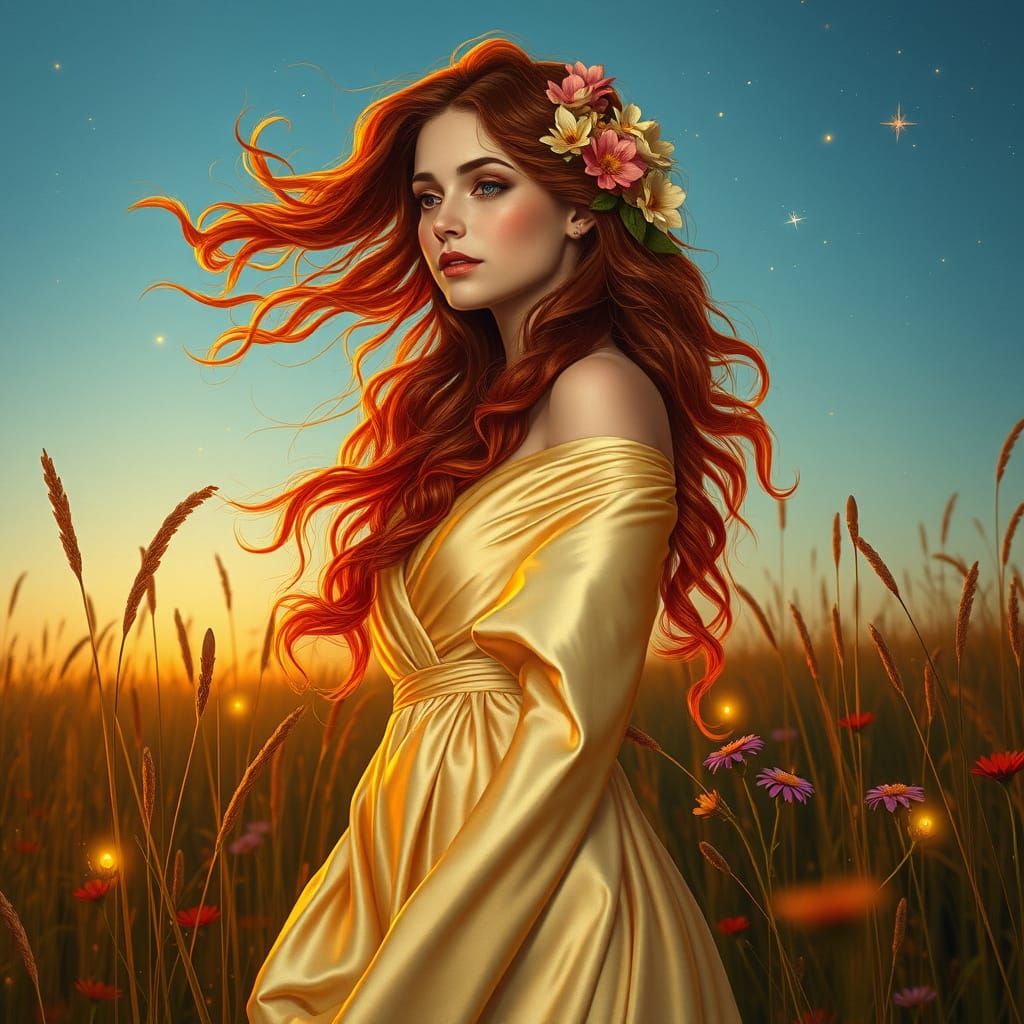 Lady of the Surreal Meadow in Dreamlike Oil Painting Style