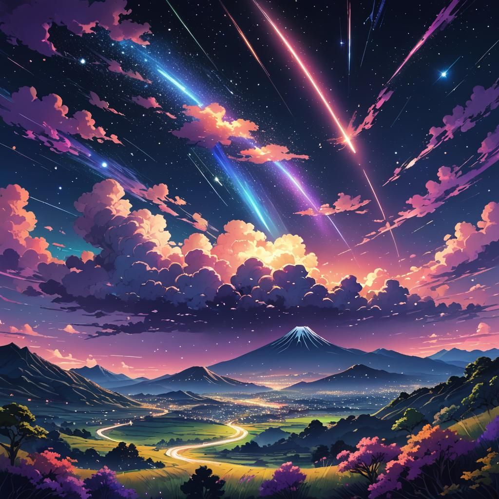 Anime Comet Streaks Across Neon Japanese Sky