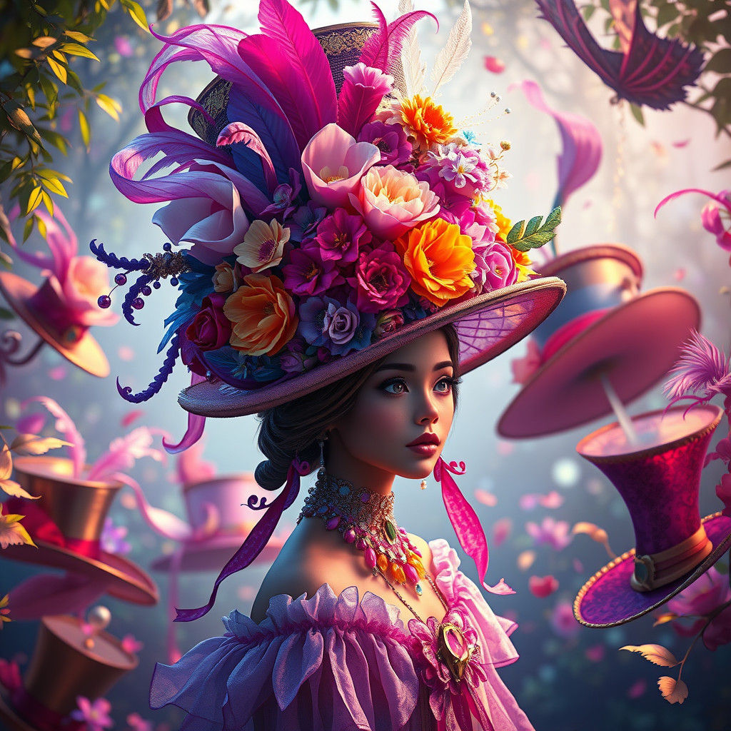 Dreamlike Character in Floral Hat, Fantasy Concept Art