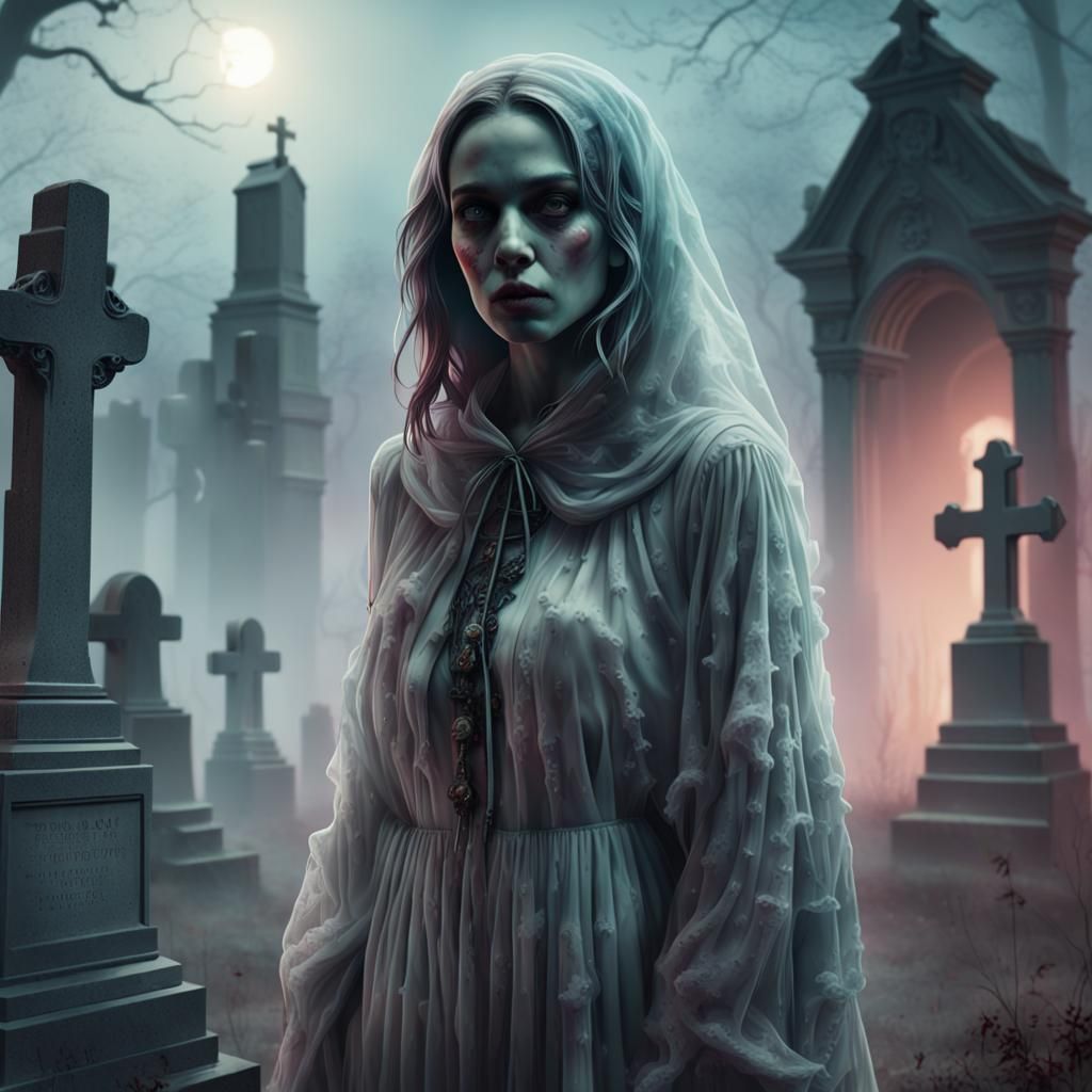 Eerie Humanoid Ghost in Haunted Cemetery: Hyperrealistic Art