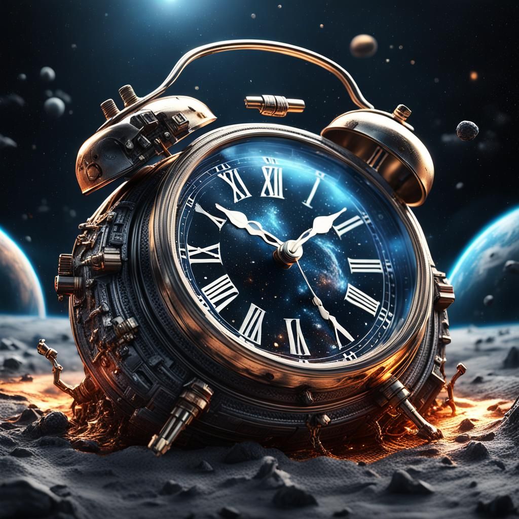 Melted Alarm Clock in Space: Hyperrealistic Digital Art