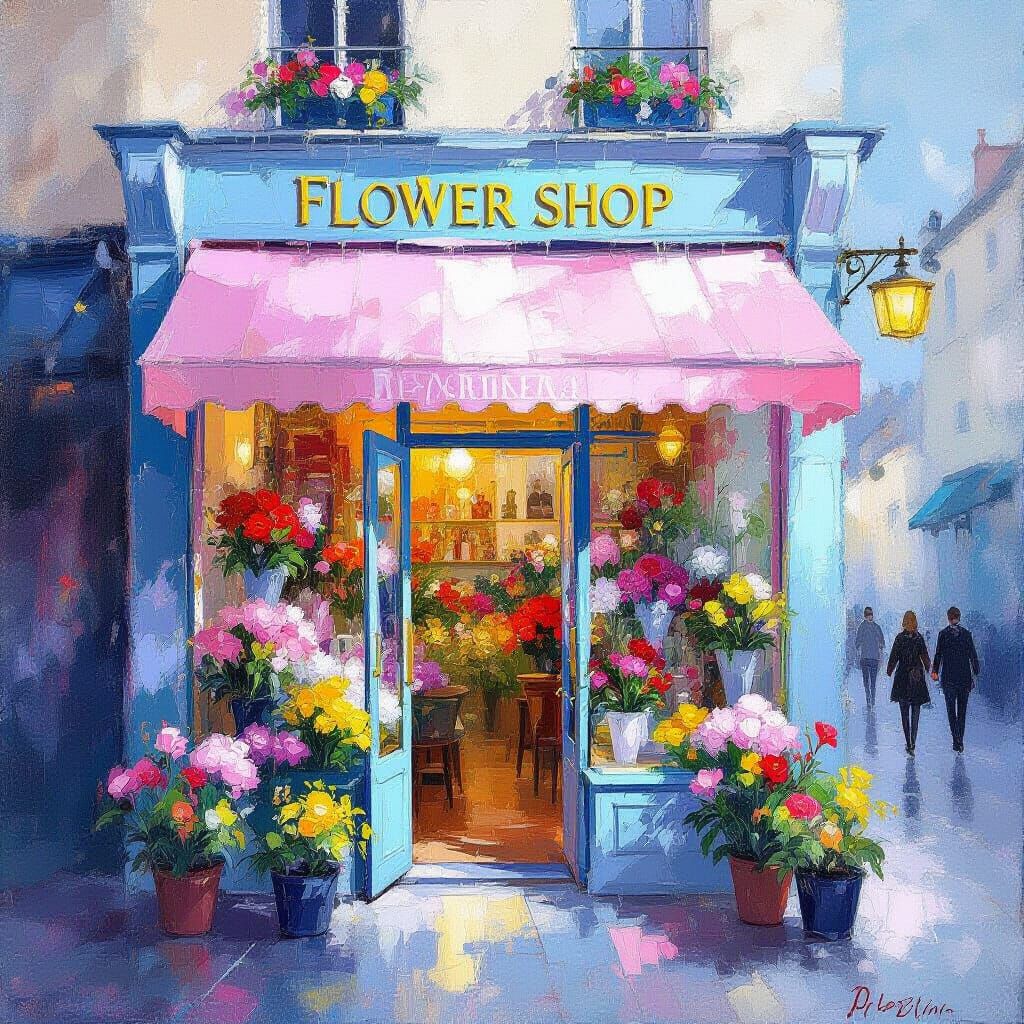 Impressionistic Flower Shop Facade in Dreamlike Colors