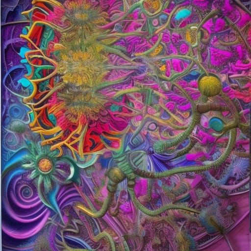 Mechanical Flowers in Biopunk Psychedelic Dreamscape