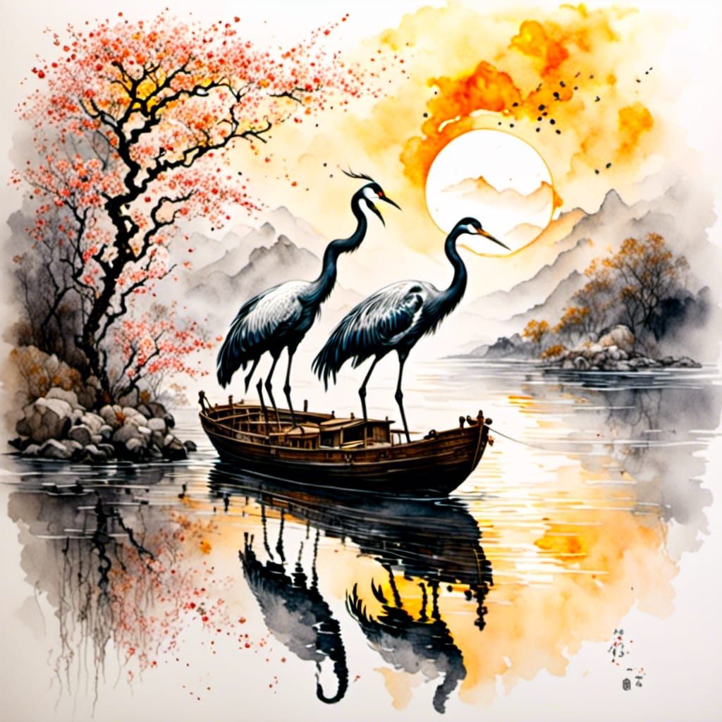 Dancing Cranes in Ink Wash Painting Style