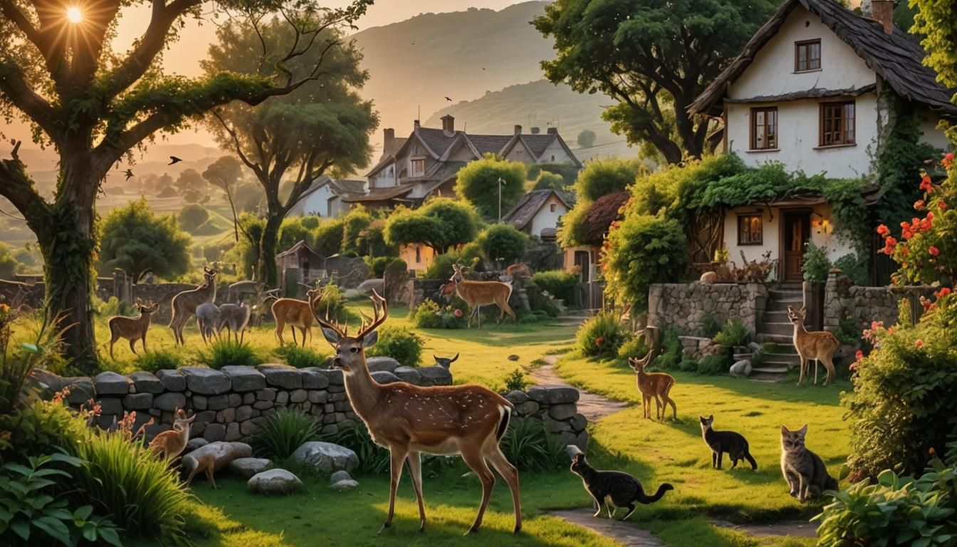 Village Reclaimed by Nature at Sunset