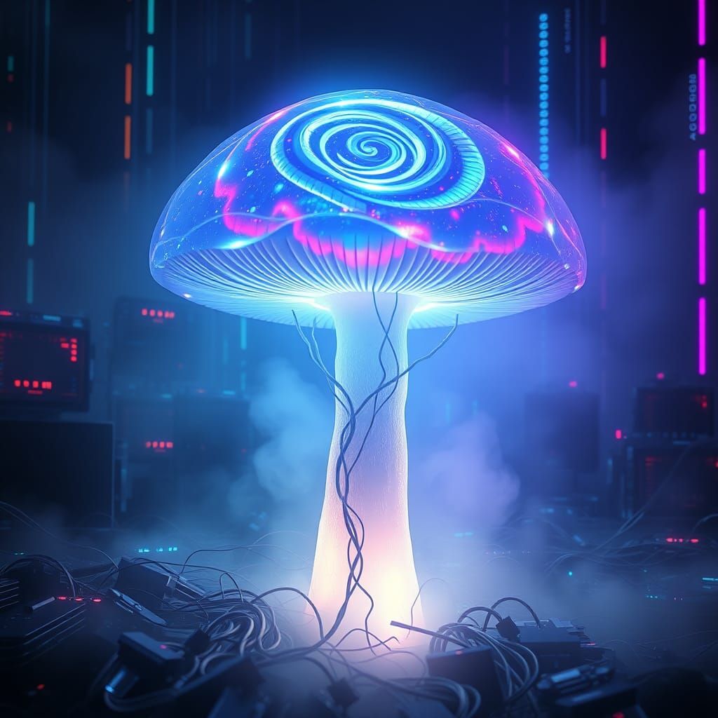 Ethereal Mushroom Arising from Neon Computer Matrix
