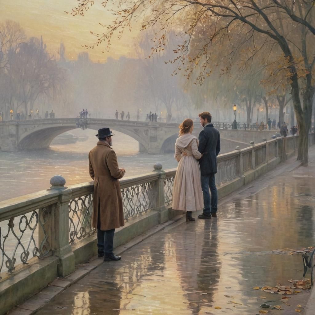 Mirabeau Bridge: Impressionist Painting of Couple at Dusk