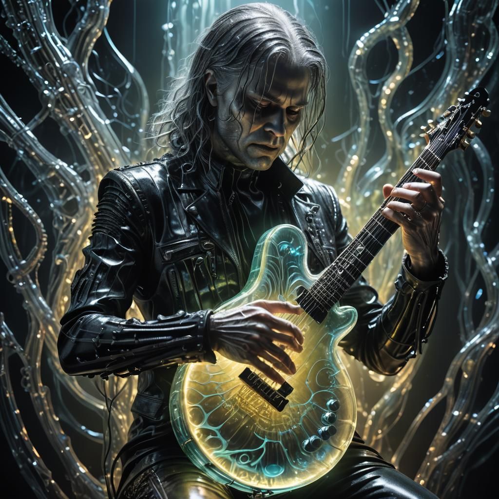 Bioluminescent Guitar in Hyperrealistic Splash Art