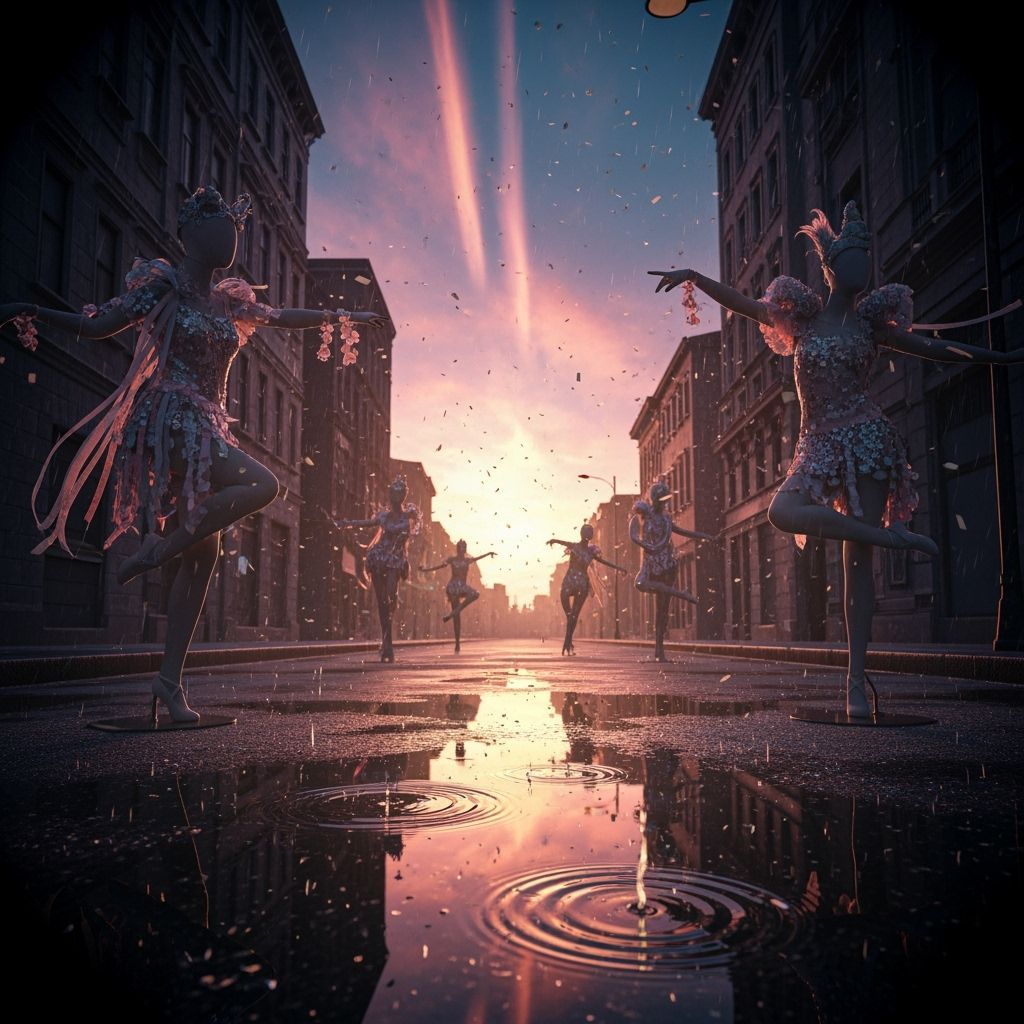 Pastel Carnival Mannequins Dance in Twilight Rain