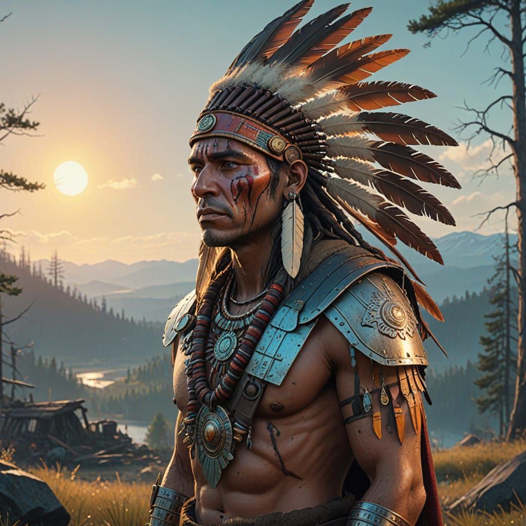 Vibrant War Chief Stands Majestically in Golden Light