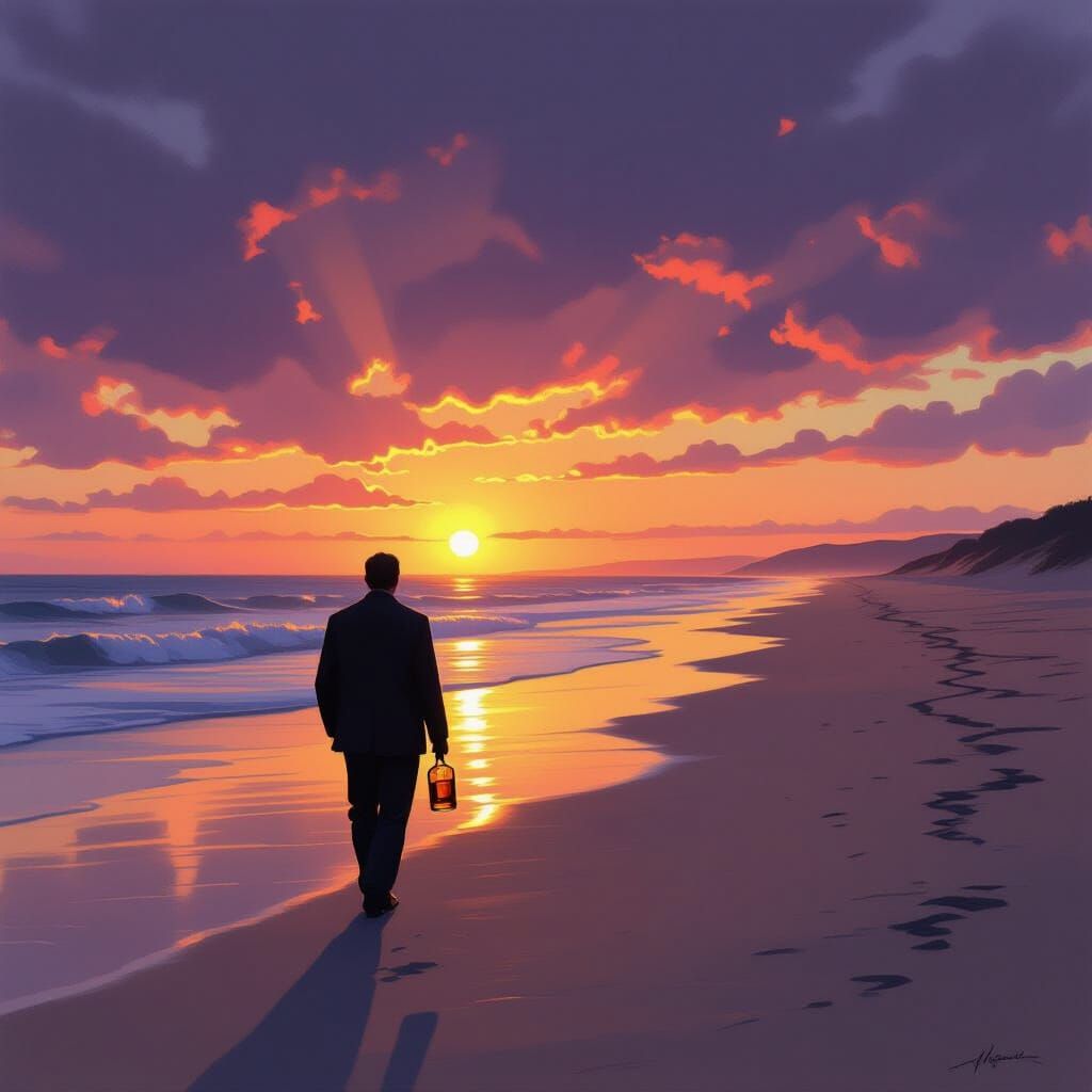 Man Walking on Beach with Whisky at Dusk