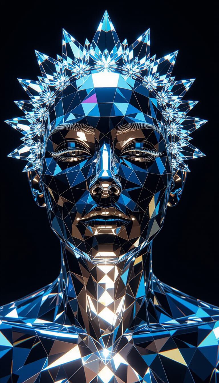 Crystal Mask Reflecting Infinite Selves in Surreal Style