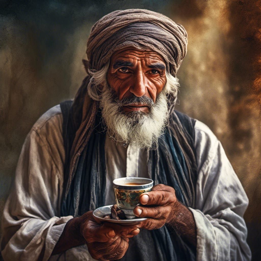 Arab Man with Coffee Cup: Cinematic Oil Painting