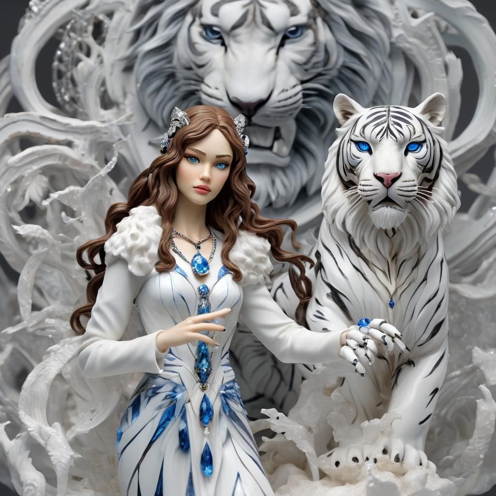 Young woman Figurine with long brown curly hair with blue ey...