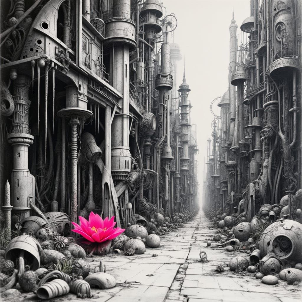 Fragile Neon Hope Blooms in Monochrome Cityscape