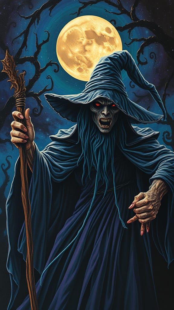 Male Witch Whispers Spells under a Full Moon Night Sky Moebi...