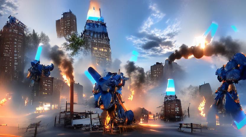 Blue Flames Engulf Giant Robot Mech in New York