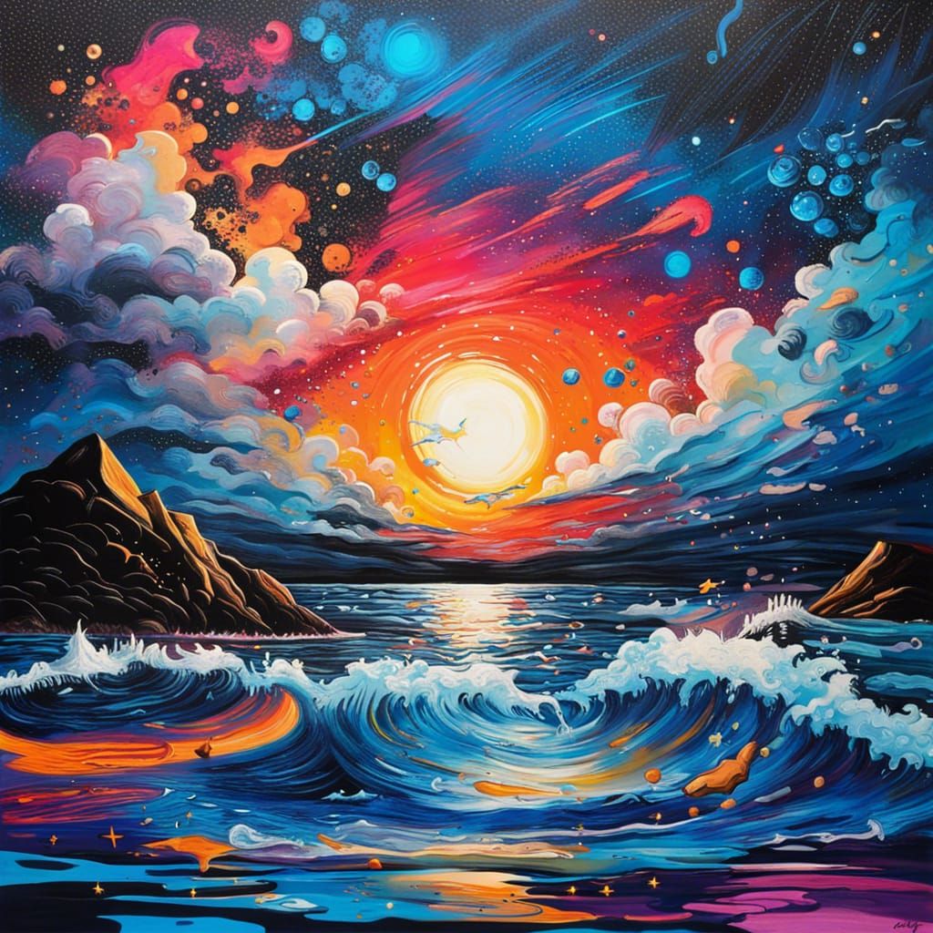 Cosmic Ocean Landscape with Sunset and Moon in Graffiti Styl...