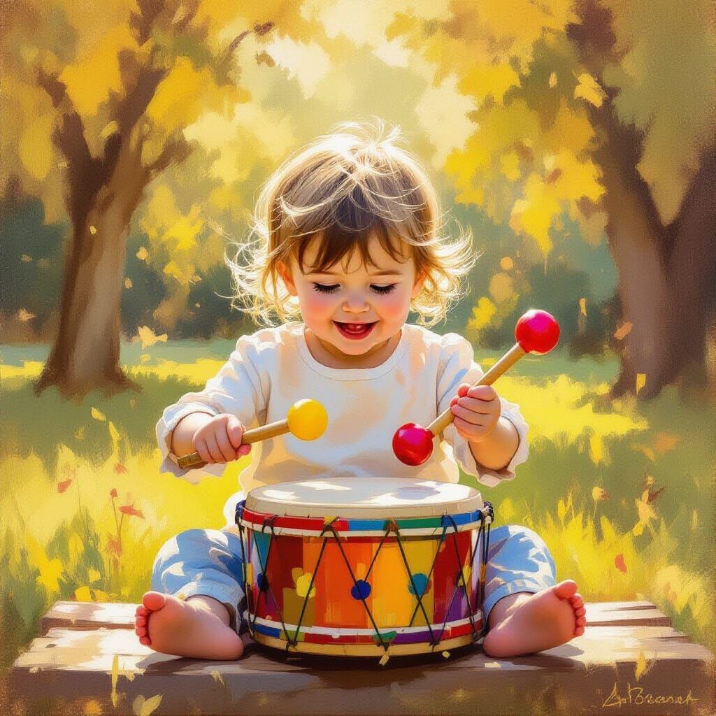 Child Joyfully Plays Toy Drum in Sunny Park