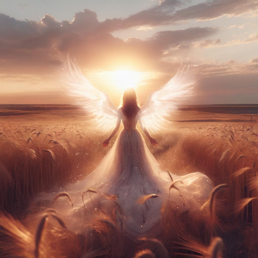 ethereal figure with wings spread wide in a sunlit field of ...