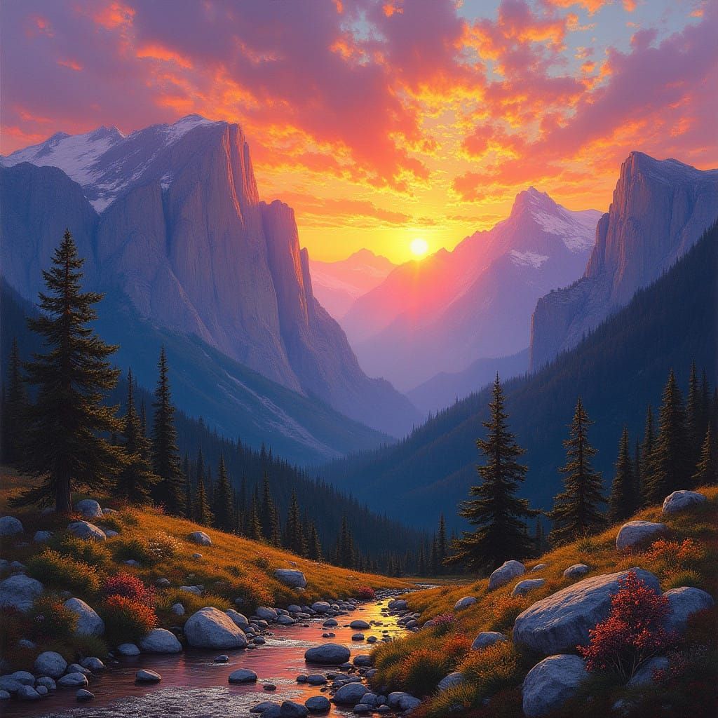 Majestic Rocky Mountain Sunrise in Vibrant Brushwork Masterp...