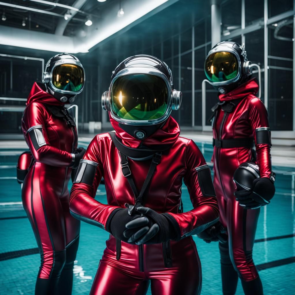 Futuristic Scuba Girls in Underwater Training Pool