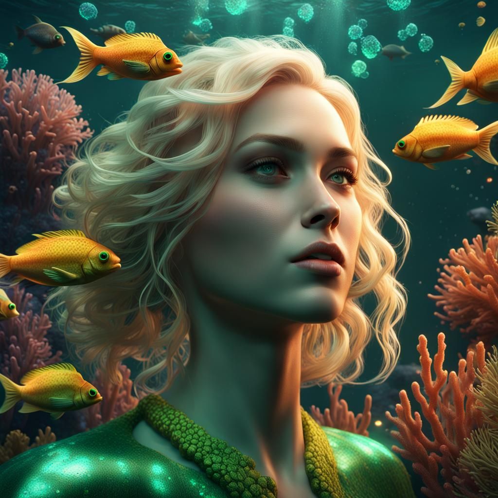 Underwater Woman with Glitter Corals, Detailed Painting