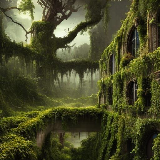 Overgrown City Reclaimed: Detailed Digital Matte Painting