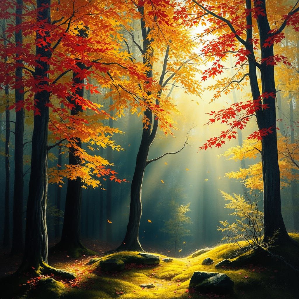 Autumn Forest: Golden Leaves Falling in Sunlit Woods