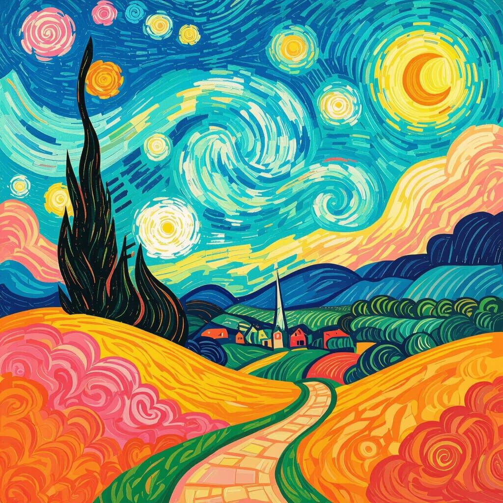 Candyland Scene in Van Gogh Style with Swirling Clouds