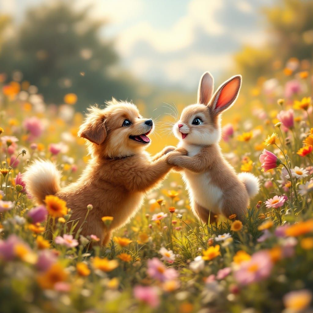 Playful Dog and Bunny in Floral Meadow