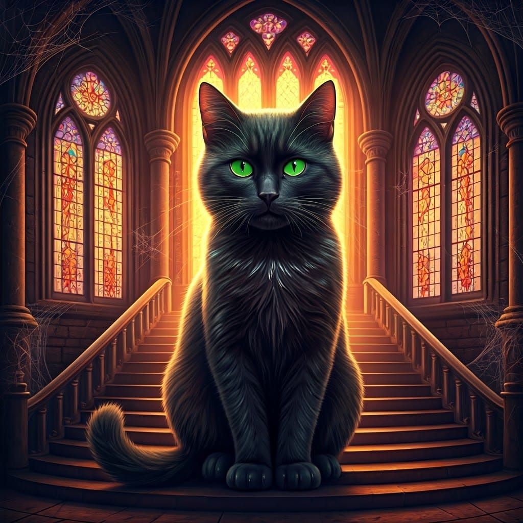 Regal Black Cat in Vibrant Halloween Castle