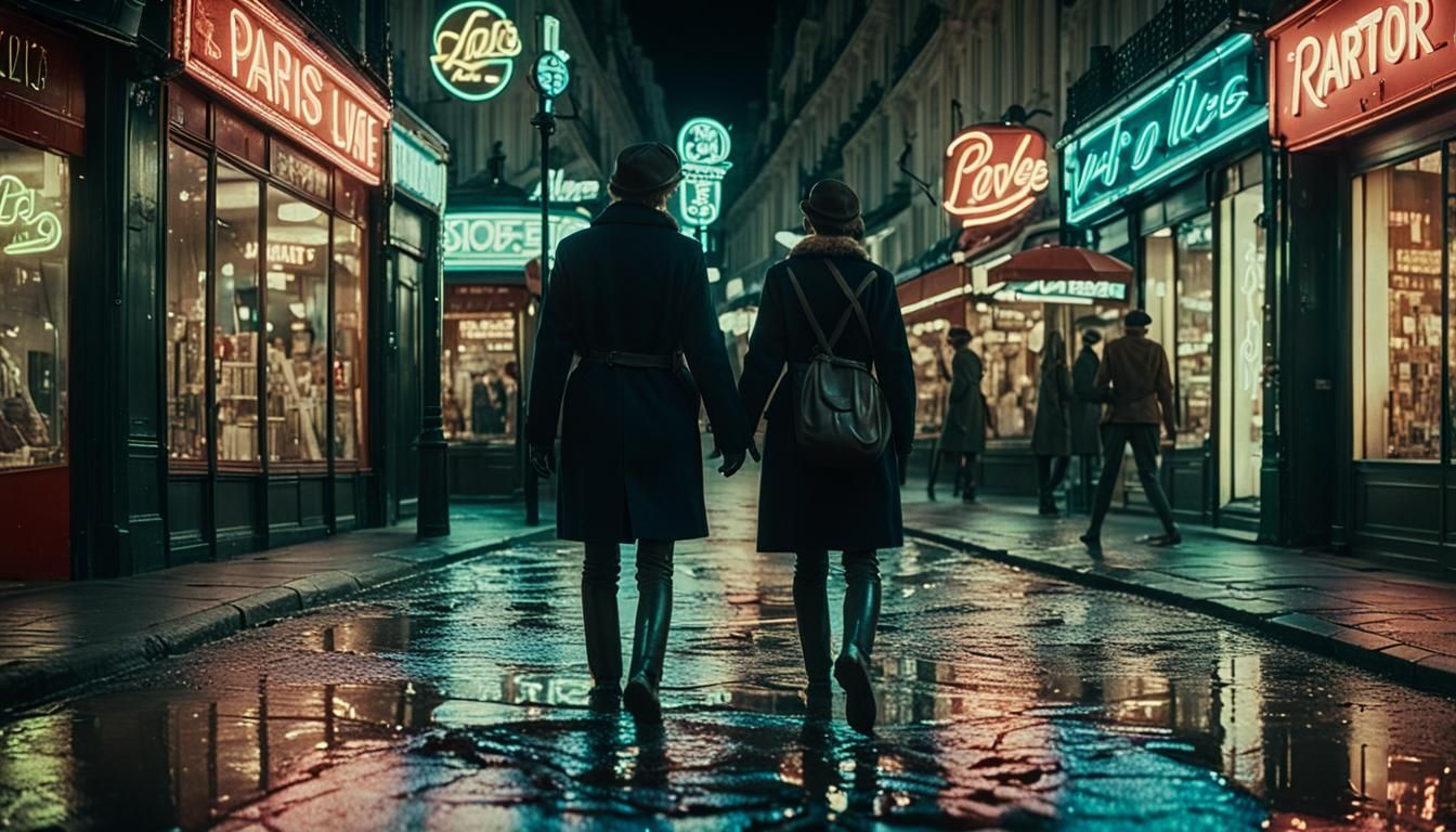 Parisian Night: Couple in Love, Neon Reflections