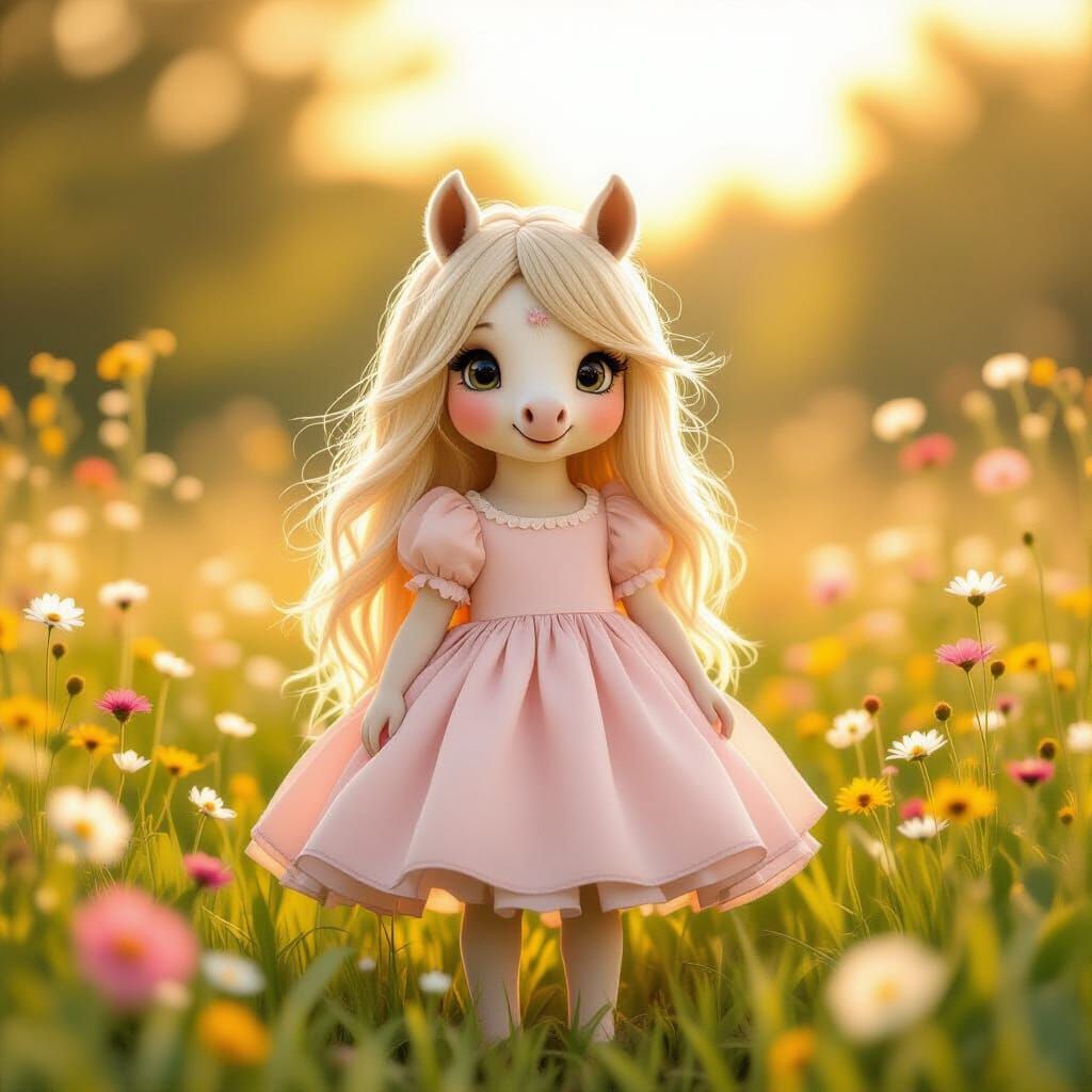 Cute Horse Hybrid Girl in Sun-Dappled Meadow