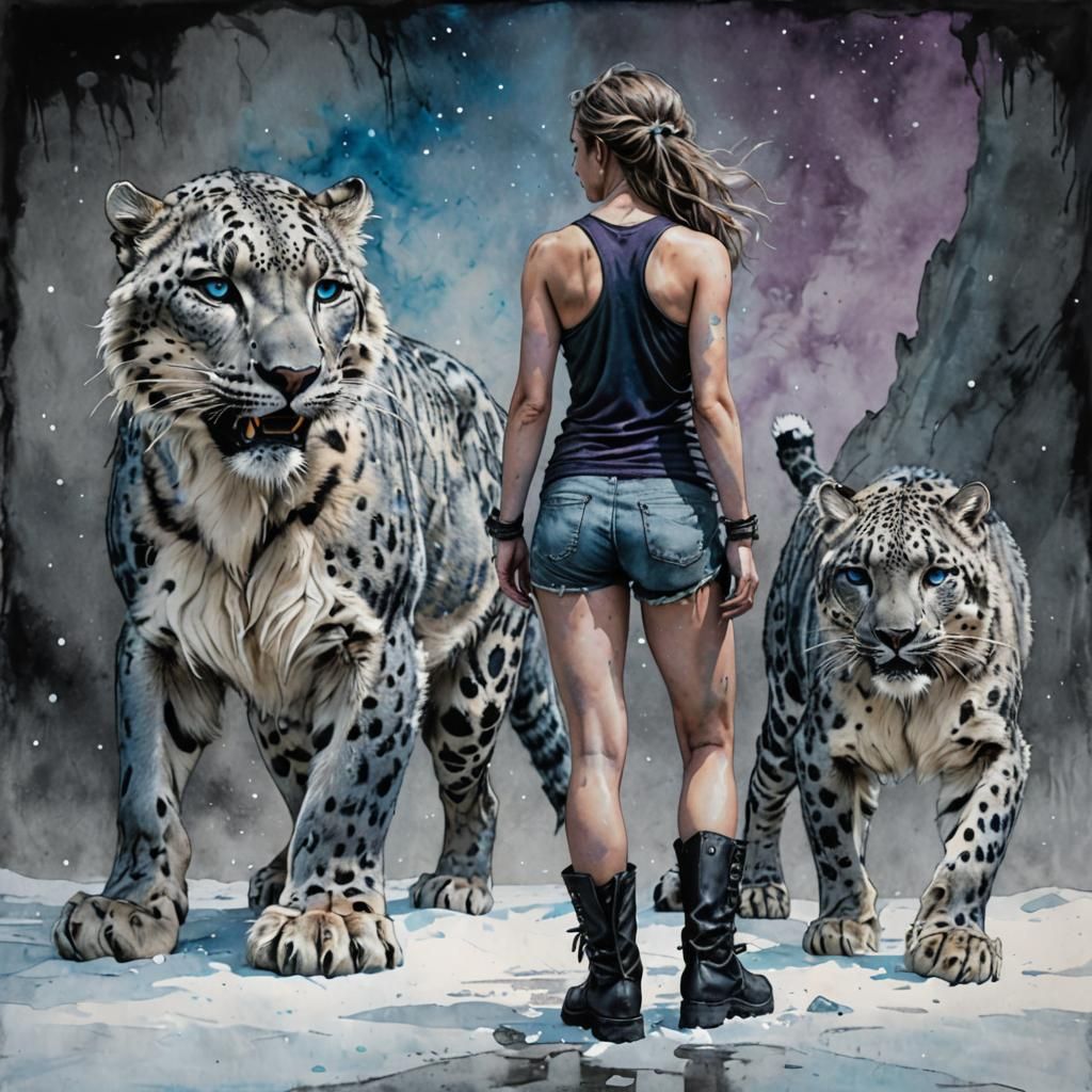 Mystical Woman and Sabertooth Leopard in Dark Fantasy