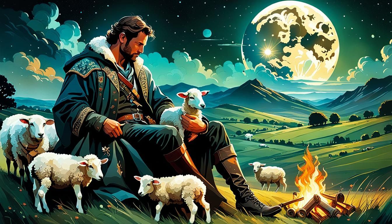 Bioluminescent Night: Shepherd and Sheep in French Countrysi...