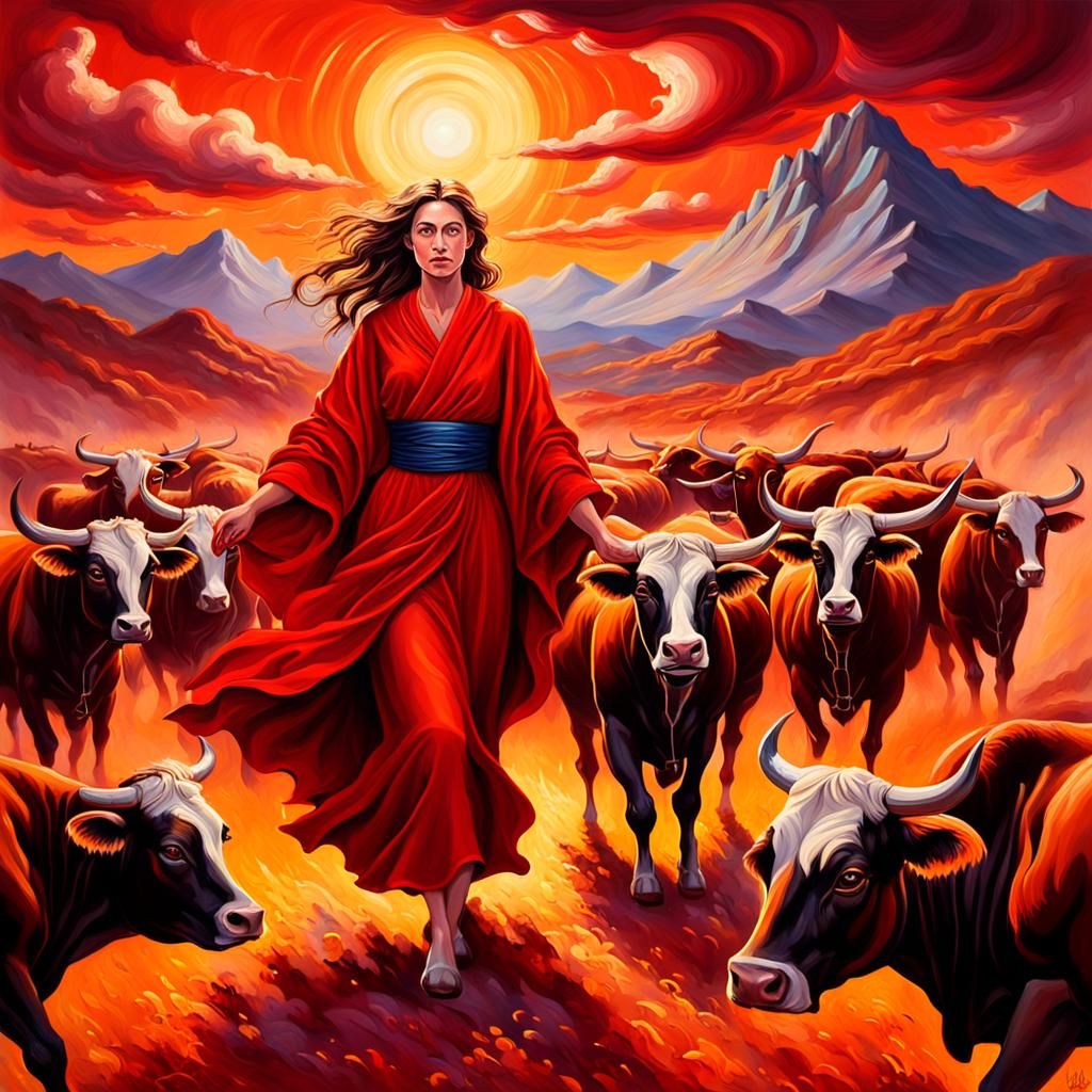 Powerful Woman Commanding Cattle: Vivid Oil Painting