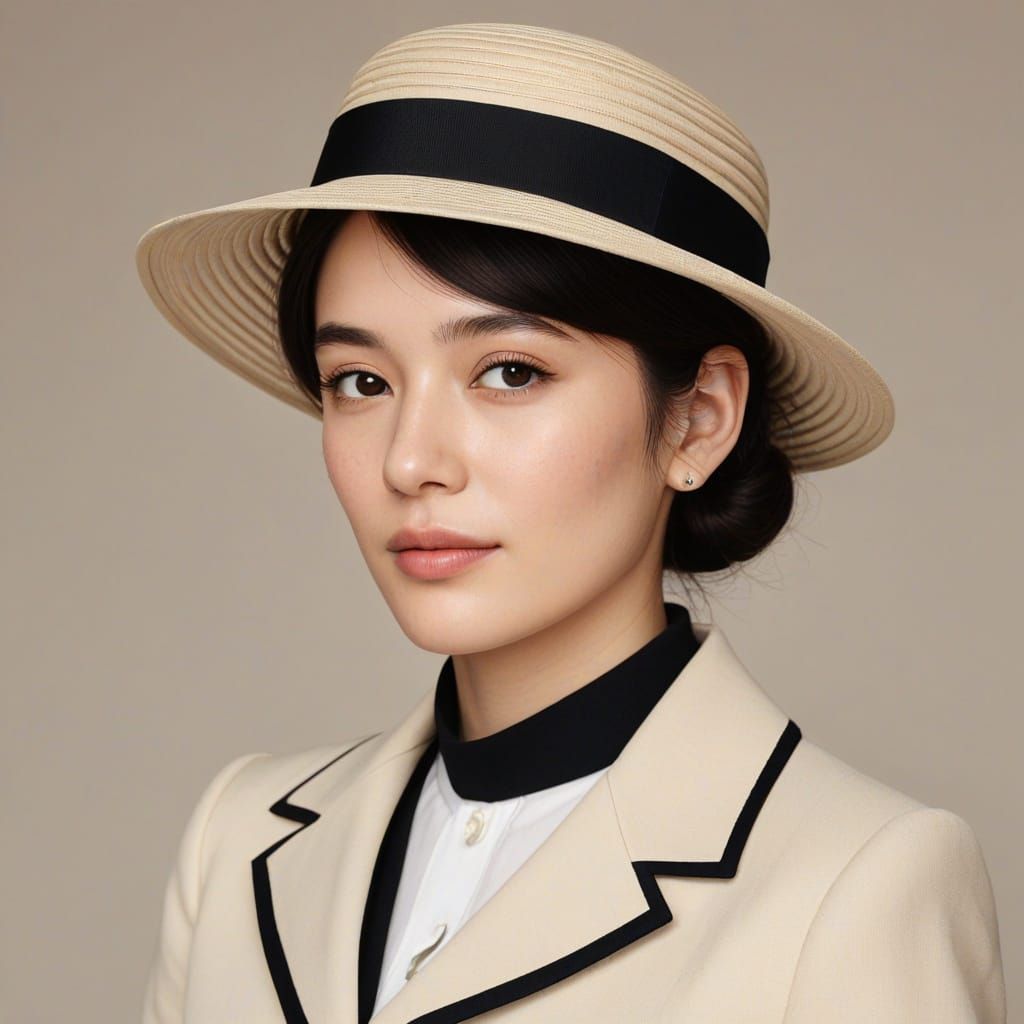 French Chic Girl Wearing Classic Breton Hat and Suit
