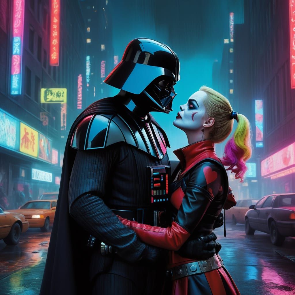 Epic Fantasy Kiss of Harley Quinn and Darth Vader in Neon-Li...