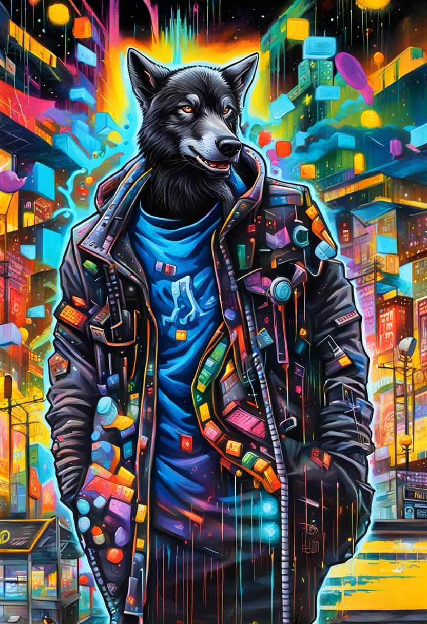Wolf Crypto Trader in Graffiti Art Style