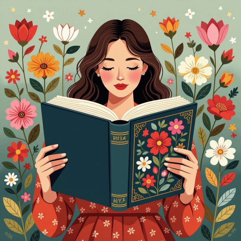Woman Reading Large Book Amidst Flowers in Gouache Style
