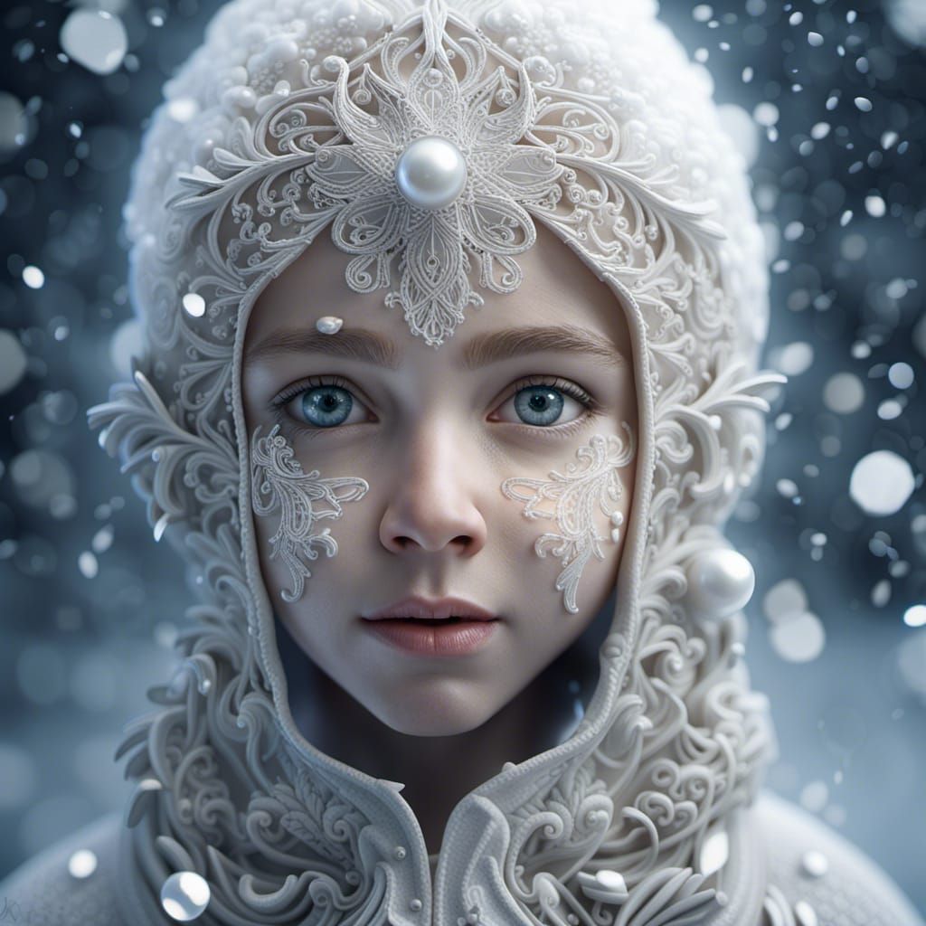 Snowy Face Portrait with Pearlescent Filigree