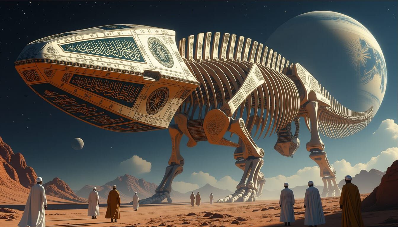 Islamic Dinosaur Spaceship Soaring Through Cosmos